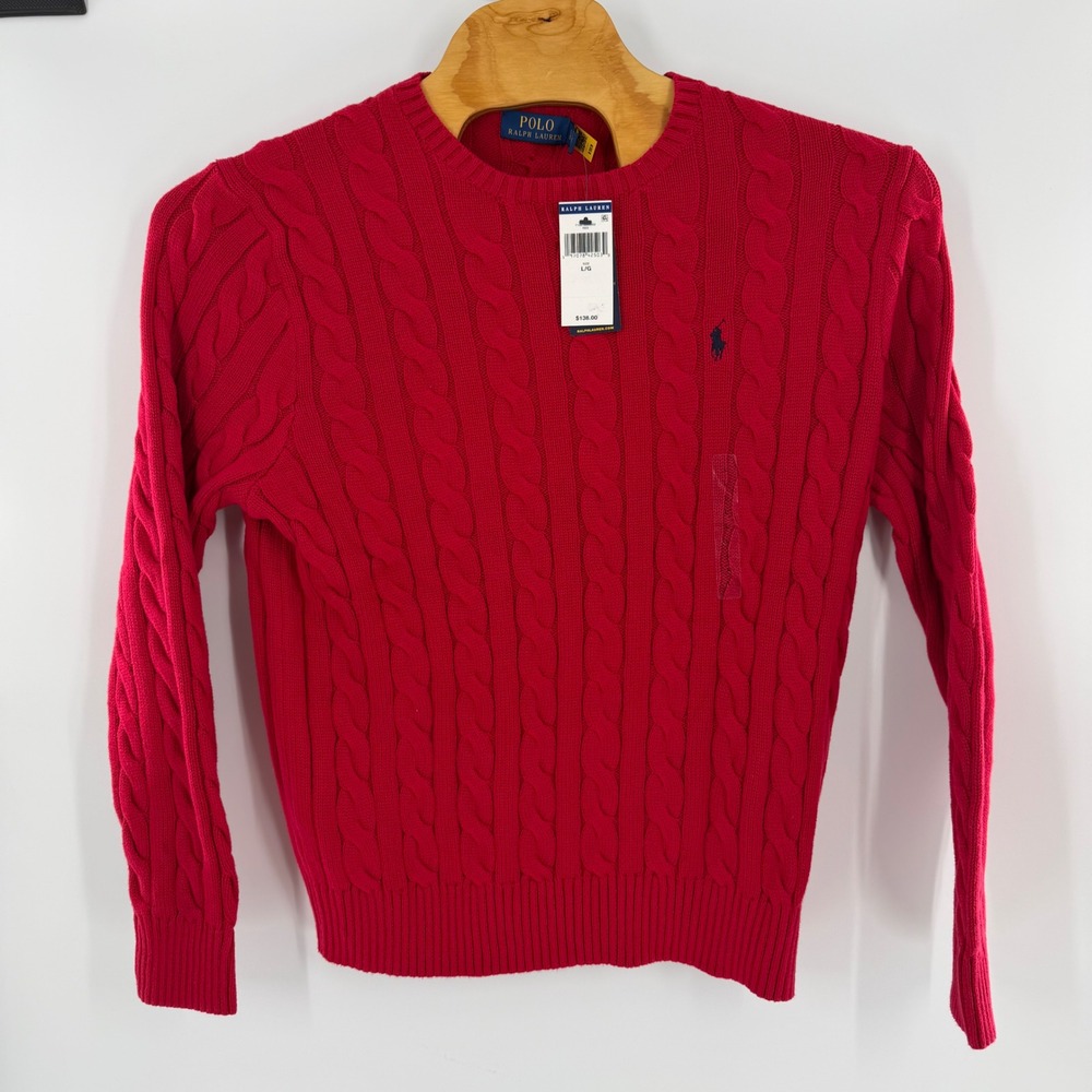 Polo Ralph Lauren Mens Red Cable Knit Cotton Crew Neck Sweater NWT Large